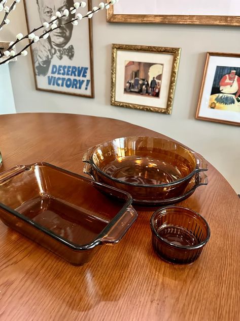 Amber Home Decor, Vintage Amber Glassware, Thrifted Dishware, Thrifted Dinnerware, Thrifted Kitchenware, Amber Dinnerware, Thrift Kitchen, Storing Glassware, Thrifted Dishes