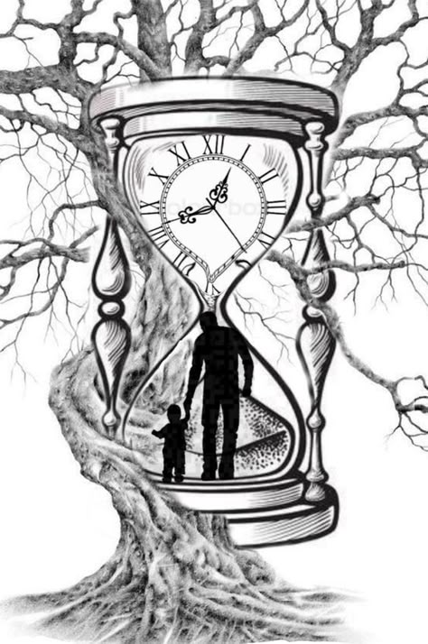 Heaven Tattoos, Hourglass Tattoo, Family Tattoo Designs, Tree Tattoo Designs, Watch Tattoos, Clock Tattoo, Dad Tattoos, Meaningful Drawings, Tattoo Style Drawings