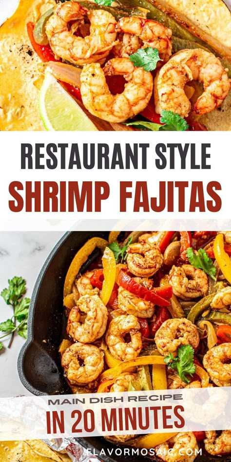 Restaurant Style Shrimp Fajitas. Tender marinated shrimp with sautéed peppers and onions is nothing short of mouth-watering! When wrapped in a fresh tortilla with your favorite toppings, you have a delicious dinner! If you’re in the mood for a restaurant-quality Mexican dish then you can’t get better than shrimp fajita! Shrimp Fajita Recipe, Mexican Fajitas, Shrimp Burrito, Mexican Shrimp Recipes, Takeout Recipes, Mexican Seafood, Mexican Shrimp, Shrimp Fajitas, Marinated Shrimp