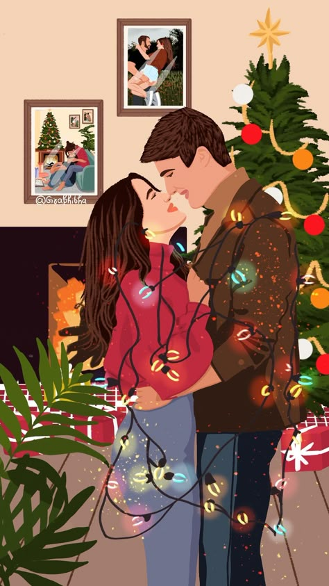 Christmas Couple Illustration, Romantic Christmas Aesthetic, Christmas Couple Aesthetic, Christmas Love Couple, Fairy Lights Christmas, Without Love, Christmas Illustrations, Illustration Art Girl, Couple Illustration