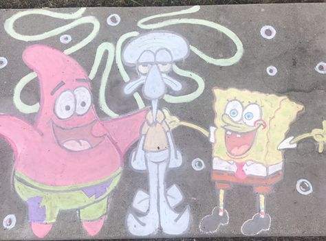 Chalk drawing of #spongebob #patrick#squidward Chalk Ideas Spongebob, Spongebob Sidewalk Chalk, Spongebob Chalk Art, Drawing Of Spongebob, Chalk The Walk Ideas, Disney Chalk Art, Cute Chalk Drawings, Chalk Art Christmas, Outdoor Drawing