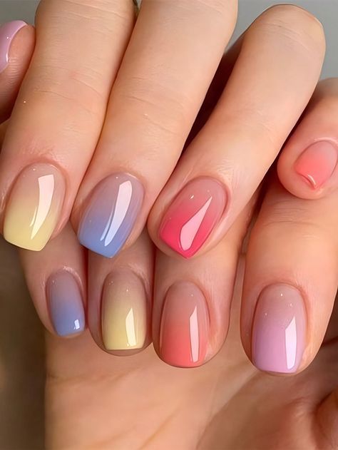 Ombre Nails Multicolor, Cute Short Colorful Nails, Simple Colorful Nail Designs, Ombré Nail Ideas, Nail Art Degrade, Nails Degrade Colores, Nail Art Full Color, Manicure Degrade, Gelish Nails Colors