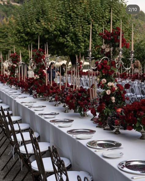 Outdoor Dining Table Wedding, Italian Wedding Red Roses, Red Wedding Theme Centerpieces, Moody Italian Wedding, Cherry Red Wedding Theme, Romantic Wedding Theme Elegant, Red Garden Wedding, All Red Wedding, Deep Red Wedding Flowers