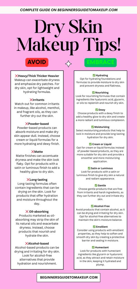 Welcome to the Beginners Guide To Makeup! If you have dry skin, it’s essential to understand which makeup terms to look for and avoid. This guide will help you navigate through the world of cosmetics and make informed choices for your skin. Make Up For Dry Skin Products, Dry Skin Makeup Step By Step, Makeup Dry Skin Tips, Makeup For Dry Skin Tips, Makeup Tips For Dry Skin, Makeup For Dry Skin, Medical Cosmetic, Which Makeup, Makeup Basics