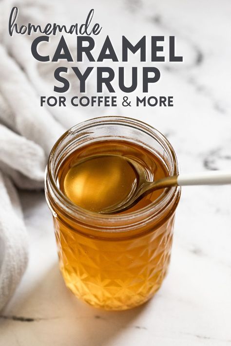 Make your own caramel syrup at home with just 3 simple ingredients. Take your favorite lattes, iced coffee, and cocktails to the next level with this easy recipe. Even better? It's budget-friendly and has much better flavor than the store-bought stuff. Home Made Syrup For Coffee, Healthy Syrup For Coffee, Diy Caramel Coffee Syrup, Carmel Coffee Syrup Recipe, Homemade Coffee Flavors, Vanilla Syrup Recipe Coffee, Almond Syrup Recipe, Caramel Syrup For Coffee Recipes, Salted Caramel Sauce For Coffee