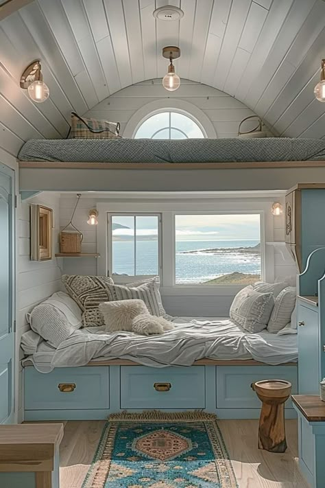 Beach House Loft Ideas, Tiny Home Bedroom Ideas, Tiny Home Bedroom, House Notebook, House Loft Ideas, Ocean Room Ideas, Notebook House, Beach Cottage Bedroom, Beach Closet