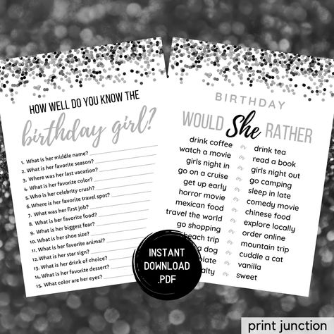 Games About Birthday Person, Who Knows The Bday Girl Best, How Well Do You Know The Birthday Girl, Who Knows The Birthday Girl Best, Christmas Bday Party, Bachelorette Party Games Drinking, Printable Birthday Games, Adult Birthday Party Games, Music Theme Birthday