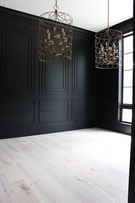 Are you looking for the perfect shade of black paint for an accent wall, kitchen island or even just your front door? Whether you want to go bold with all over color or just as a touch of contrast, Sherwin Williams Tricorn Black is one of the best shades of black paint. Read this full paint review to see if it's the right color for your home! Black Panelling Dining Room, Black Wall Design Living Room, Black Modern Basement, Light Oak Floors Dark Walls, Wall Niche Behind Tv, Black Crown Molding Bedroom, Manly Bathroom Wallpaper, Black Ceiling Black Floor, Close Off Dining Room French Doors