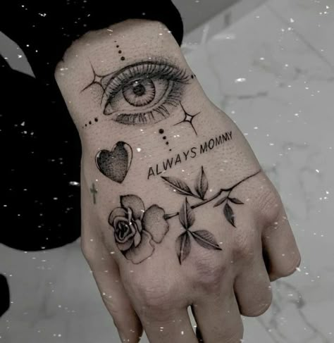 hand tattoo Eyes Tattoo On Hand, Hand Eye Tattoo, Ojo Tattoo, Rose Hand Tattoo, Rose Tattoos For Men, Hand And Finger Tattoos, Wrist Tattoos For Guys, Tatuaje A Color, Small Hand Tattoos