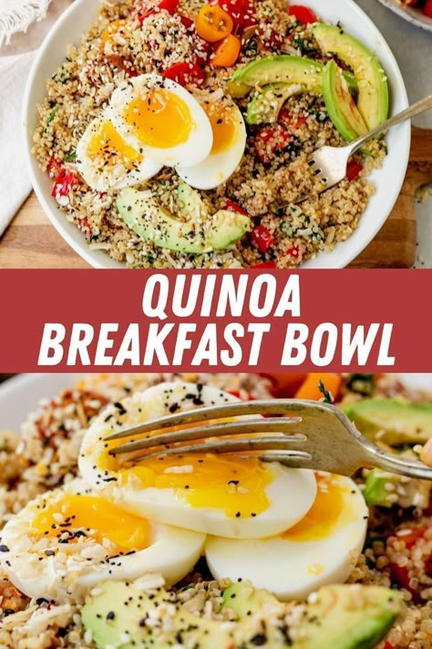 A breakfast quinoa bowl is a healthy and filling way to start your day. This savory meal is layered with perfectly seasoned quinoa, avocado, and topped with a runny egg for a delectable breakfast that will keep you fueled throughout your day. This healthy recipe is a favorite for the entire family. Breakfast Quinoa Bowl, Seasoned Quinoa, Breakfast Bowl Egg, Quinoa Recipes Breakfast, Savory Quinoa, Fluffy Quinoa, Quinoa Recipes Easy, Breakfast Quinoa, Quinoa Recipes Healthy