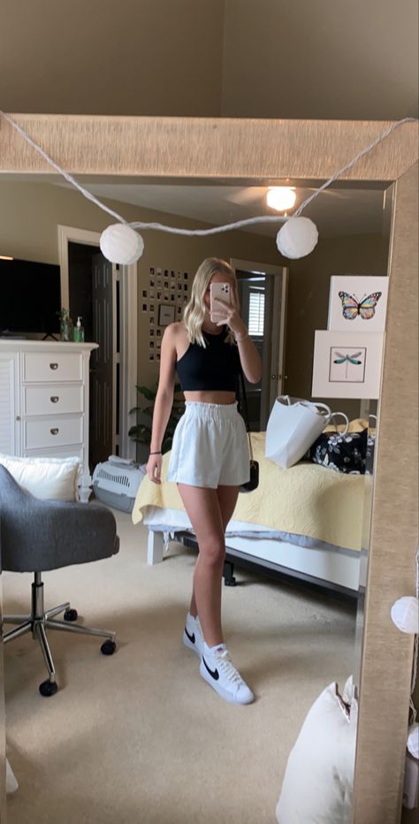 top - zara shorts - F21 shoes - nike blazers bag - gucci Nike Blazer Shorts Outfit, Nike Blazers With Shorts, Blazer Shoes Outfits, Outfits Con Tenis Nike, Sweatshorts Shorts Outfit, Nike Blazer Aesthetic, Nike Blazers Outfit Ideas, Outfits With Nike Blazers, How To Style Nike Blazers