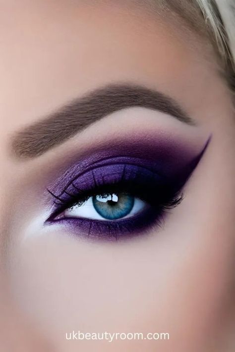 Purple Wedding Makeup For Green Eyes, Gothic Makeup For Blue Eyes, Blue Eyes Purple Eyeshadow, Jewel Tone Eye Makeup, Purple Goth Eyeshadow, Halloween Purple Makeup, Purple Eyeshadow For Blue Eyes, Purple Witch Makeup Halloween, Edgy Wedding Makeup