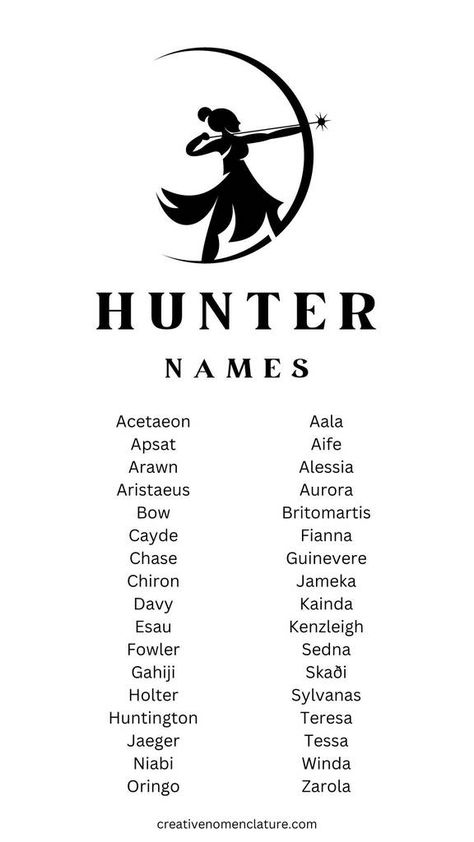 145 Names That Mean Hunter (Hunter Names) For Boys & Girls Book Character Last Names Ideas, Names For Assassins, Mythical Boy Names, Superhero Names Ideas, Cool Names For Characters, Name For Characters, Scene Names, Spirit Names, Last Names For Boys