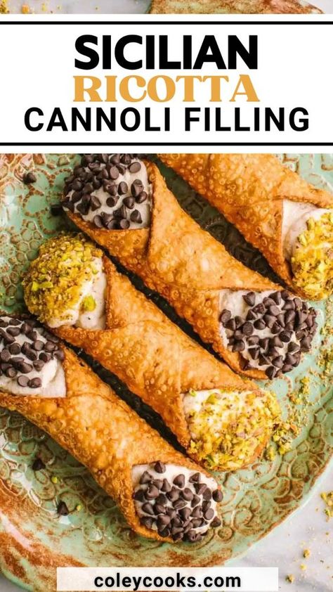 This Sicilian Ricotta Cannoli Filling is the best! Traditional Cannoli are a staple of Sicilian cuisine and have been enjoyed for generations. The crispy shell holds a creamy ricotta cheese filling that makes cannoli special. With this recipe, you can make the best Sicilian ricotta cannoli filling and create this delicious and authentic Italian dessert at home. Canolis Recipe Italian Filling, Cannoli Filling With Mascarpone, Canolis Recipe Italian, Traditional Cannoli Filling Recipe, Cannoli Recipe Filling, Ricotta Cannoli Filling, Canolis Recipe, Cannoli Filling Recipe, Sicilian Cannoli Recipe