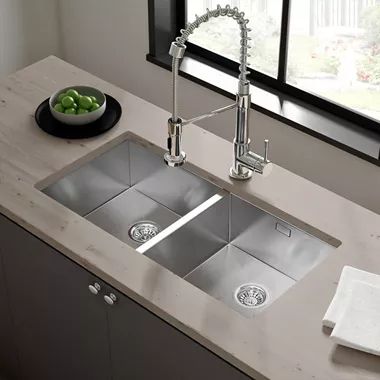 Double Bowl Kitchen Sinks | Tap Warehouse Double Stainless Steel Sink, Double Sink Kitchen, Double Bowl Undermount Kitchen Sink, Kitchen Design Countertops, Wood Countertops Kitchen, White Oak Kitchen, Double Kitchen Sink, Modern Kitchen Sinks, Sinks Kitchen Stainless