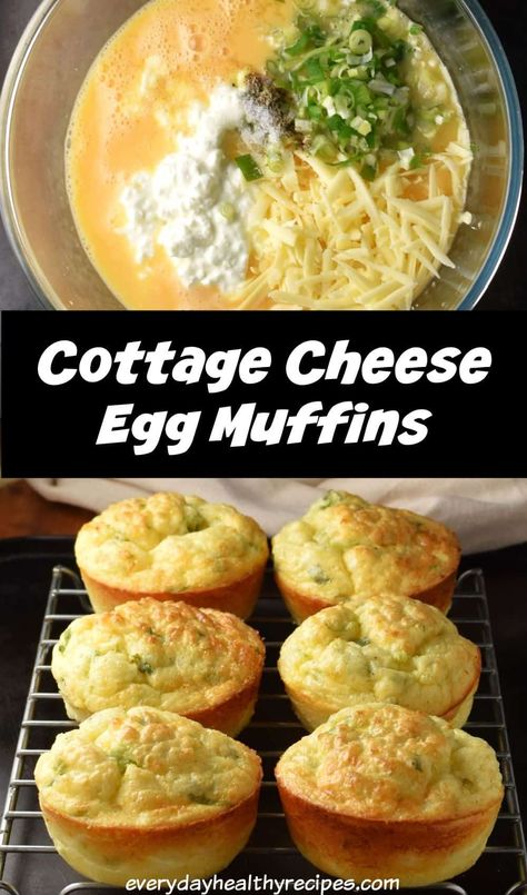 Top down view of cottage cheese egg muffin batter in bowl and side view of baked egg cottage cheese muffins. Egg Breakfast For A Crowd, Cottage Cheese Substitute, Egg Cups With Cottage Cheese, Bariatric Breakfast Recipes, Cottage Cheese Egg Muffins, Keto Vegetarian Recipes, Cottage Cheese Muffins, Cottage Cheese Recipes Healthy, Cottage Cheese Eggs