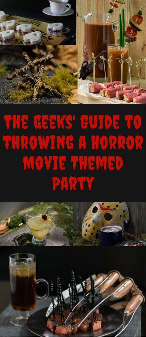 The Geeks share their tips for planning the perfect Horror Movie Themed Party! 2geekswhoeat.com #horror #recipes Spooky Movie Night Decorations, Horror Themed Dinner, Freddy Krueger Food Ideas, Scary Movie Decorations, Horror Movie Crafts, Ghost Face Party Ideas, Friday The 13th Party Ideas Decoration, Friday 13th Party, Horror Recipes