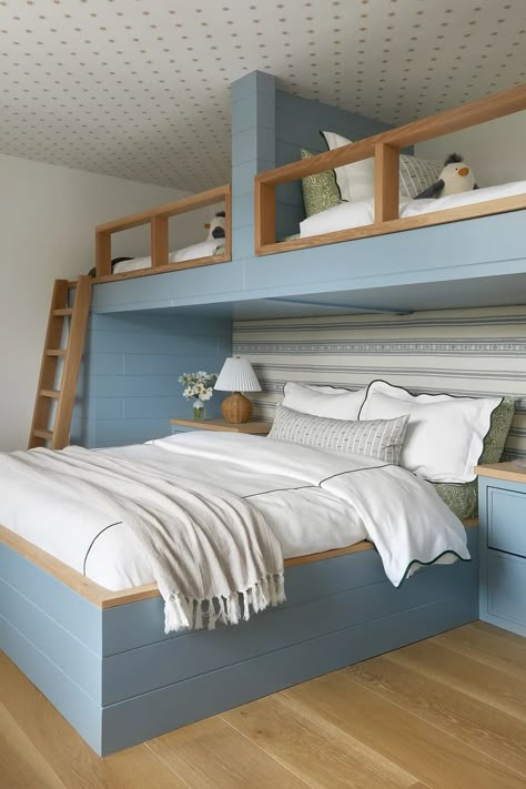 Coastal Getaway House Second Floor Reveal Attic Bedroom Bunk Beds, Bunk Bed Beach House, Bunk Room Beach House, Built In Bunk Beds Beach House, Loft Bunk Room Ideas, Built In Bunk Room Ideas, Coastal Bunk Beds, Twin Over Full Bunk Bed Diy, Bunk Bed In Front Of Window