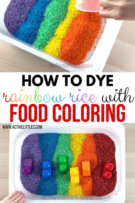 How to dye rice with rubbing alcohol? How to dye rainbow rice with paint for sensory play? All of these questions and play ideas within this post right here Food Colouring Activities For Kids, Tye Dye Food, Dye Rice, Sensory Tubs, Play Therapist, Preschool Sensory, Sensory Games, Rainbow Rice, Sensory Bin Ideas