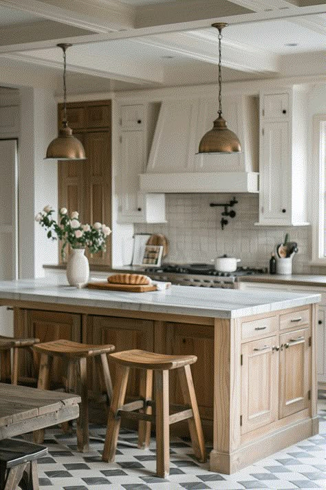 Light Wood Tone Kitchen, White And Wood Tone Kitchen Cabinets, Cabinet And Island Different Color, Oak Two Tone Kitchen, Color Theme For Kitchen, White Wood And Black Kitchen, Wood Island White Cabinets, Two Tone Kitchen Cabinets Wood And White, Two Toned Cabinets