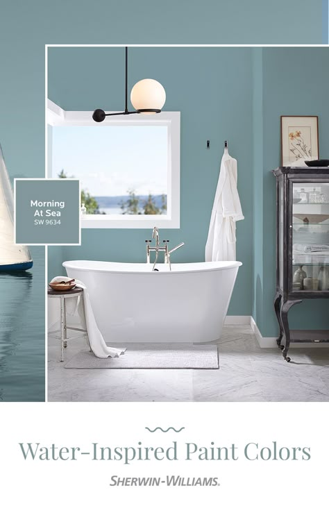 Get your bathroom painting project started with water-inspired colors from Sherwin-Williams. Tap this pin to discover three blue hues that add a calm, collected vibe (and pair perfectly with @rejuvenationinc lighting and fixtures). #sherwinwilliams #diy #paint #project #colorinspiration #bathroom #rejuvenation #remodel #bluepaint #bluebathroom Bathroom Paint Color Inspiration, Paint Colors For Bathrooms, Colors For Bathrooms, Sherwin Williams Blue, Best Bathroom Paint Colors, Best Bathroom Colors, Top Paint Colors, Small Bathroom Colors, Blue Green Paints