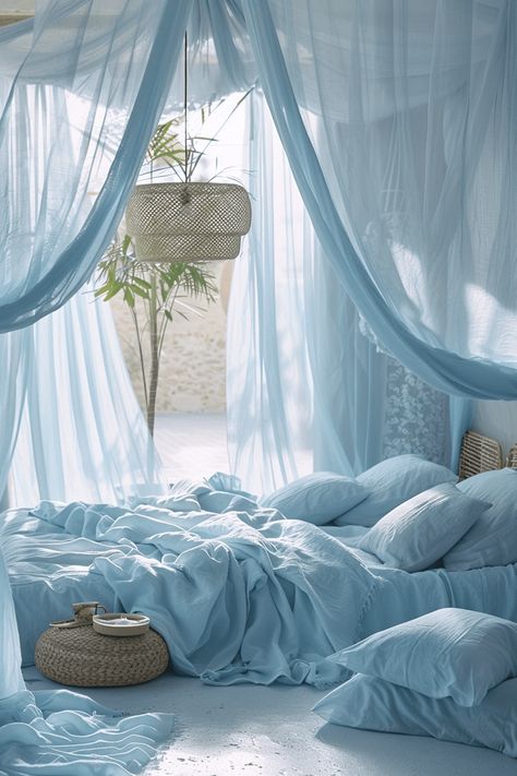 Light Blue Boho Bedroom, Blue Boho Bedroom Ideas, Blue Boho Bedroom, Light Blue Rooms, Light Blue Bedroom, Mermaid Bedroom, Boho Bedroom Ideas, Bedroom Oasis, Bedroom Bliss