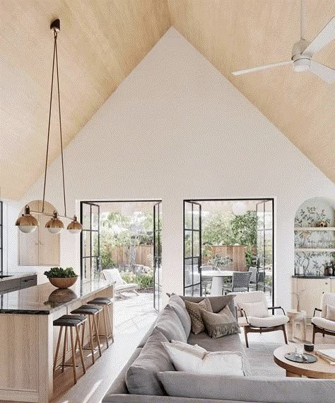 21 Stunning Vaulted Ceiling Lighting Ideas 14 Lighting Cathedral Ceiling, Cathedral Ceiling Living Room, Vaulted Ceiling Ideas, Kitchen With High Ceilings, Ceiling Lighting Ideas, Vaulted Ceiling Lighting, Vaulted Ceiling Kitchen, High Ceiling Lighting, Vaulted Ceiling Living Room