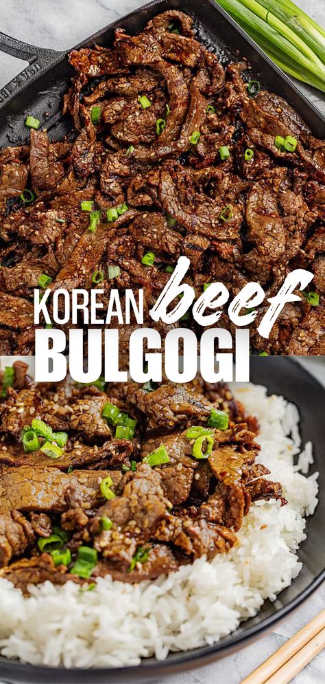 A collage image of korean beef bulgogi. Marinade For Flank Steak, Korean Food At Home, Korean Beef Bulgogi, Korean Beef Recipes, Simple Marinade, Best Korean Food, Easy Korean Recipes, Bulgogi Recipe, Beef Steak Recipes