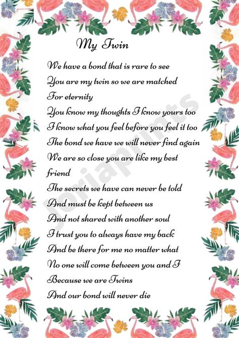 This is a beautiful poem about the relationship and bond between twins. Surprise your twin with this lovely poem. I can personalise the print with a name of your choice. Twin Poems, Twins Quotes, Twin Quotes, Original Quotes, Poems Beautiful, Quotes And Poems, Good Night Wishes, I Trusted You, Night Wishes