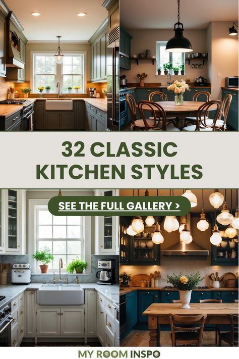 Dive into these 32 classic kitchen styles featuring delightful designs and layouts. This pin displays 4 captivating images showcasing a mix of rustic and modern charm that can inspire your next kitchen redesign. Kitchen Remodel Traditional Style, Timeless Small Kitchen Design, Tudor Style Kitchen Ideas, Old Style Kitchen Ideas, Classic Kitchen Colors, Kitchen Ideas Timeless, Modern French Country Kitchen Cabinets, Classic Timeless Kitchen Design, Vintage Kitchen Color Schemes