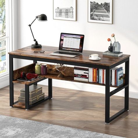 Study Table With Shelves, Large Writing Desk, Dream Apartments, Large Home Office, Computer Table Design, Metal Computer Desk, Table With Shelves, Large Computer Desk, Computer Desk With Shelves