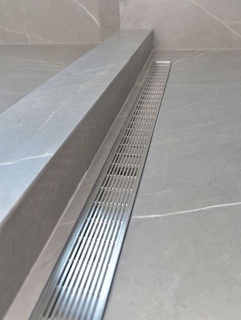 Bathroom With Floor Drain, Kitchen Floor Drain Ideas, Bathroom With Drain In Floor, Shower Drains Ideas, Linear Drain Shower Floor, Long Shower Drain, Shower Floor Tile Non Slip, Linear Shower Drain Ideas, Bathroom Drainage Floor Drains