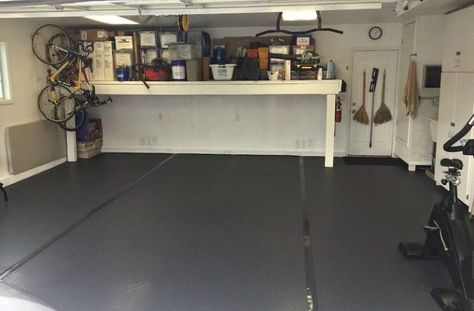 Garage Organization Cheap, Garage Floors Diy, Rubber Garage Flooring, Vinyl Garage Flooring, Garage Flooring Options, Garage Design Ideas, Garage Floor Mat, Organize Garage, Garage Mats