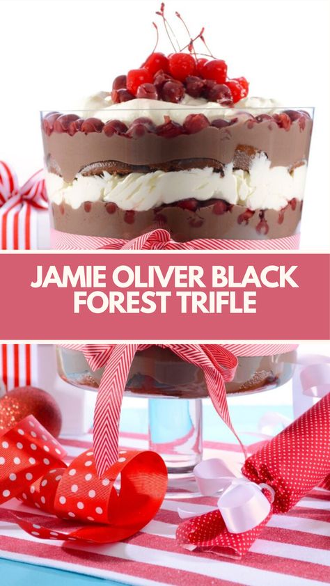 Jamie Oliver Black Forest Trifle is made with cherries in syrup, dark chocolate, gelatine, custard, hazelnuts, double cream, vanilla bean paste, icing sugar, and panettone. This decadent Jamie Oliver recipe creates a luxurious dessert that takes about 5 hours to prepare and can serve up to 10 people. Black Forest Trifle Recipe, Christmas Trifles, Ice Cream Cake Birthday, Black Forest Trifle, Christmas Trifle Recipes, Cherry Trifle, Homemade Christmas Cake, Easy Christmas Cake Recipe, Christmas Trifle