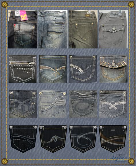 Denim and Bottoms by Nancy Diep at Coroflot.com Fancy Jeans, Pocket Design Fashion, Mens Jeans Pockets, Jean Pocket Designs, Pocket Designs, Clothing Templates, Images Design, Polo Shirt Design, Simple Designs To Draw