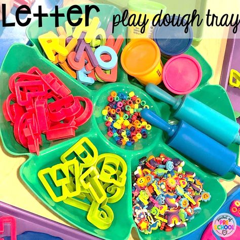 Letter play dough tray to explore letters and their formation. Play dough trays for all seasons, holidays, and tons of themes for your preschool, pre-k, and kindergarten classrooms. Playdough Trays, Play Dough Center, Preschool Playdough, Playdough Letters, Letter Play, Play Dough Ideas, Discovery Table, October Preschool, Playdough Ideas