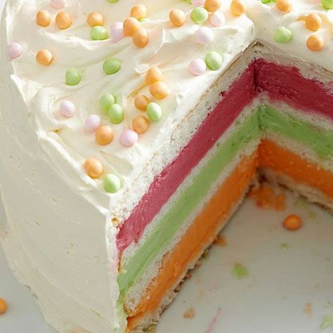 60+ Easter Desserts - so many CUTE Easter desserts that all look so tasty!! { lilluna.com } Sherbert Cake, Sorbet Cake, Ice Cream Cake Recipe Homemade, Sherbet Cake, Rainbow Sherbert, Homemade Ice Cream Cake, Ice Cream Cake Recipe, Spring Cake, Ice Cream Cakes