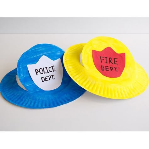 Community Helpers Crafts For Toddlers Art Projects, Police Hat Craft, Community Helpers Art, Community Crafts, Fire Safety Preschool Crafts, Paper Plate Hats, Community Helpers Week, Community Helpers Preschool Crafts, Community Helper Lesson