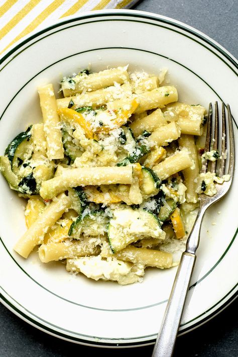 NYT Cooking: A summer pasta should be simple and fresh, ideally made with vegetables straight from the garden or market. Look for the best artisanal ricotta; top-quality ingredients make all the difference here. Ricotta And Vegetables, Fussili Pasta Recipes, Summer Pasta With Zucchini, Lunch Stuff, Zucchini Ricotta, Pasta With Zucchini, Dash Recipes, Basil Recipes, Zucchini Pasta