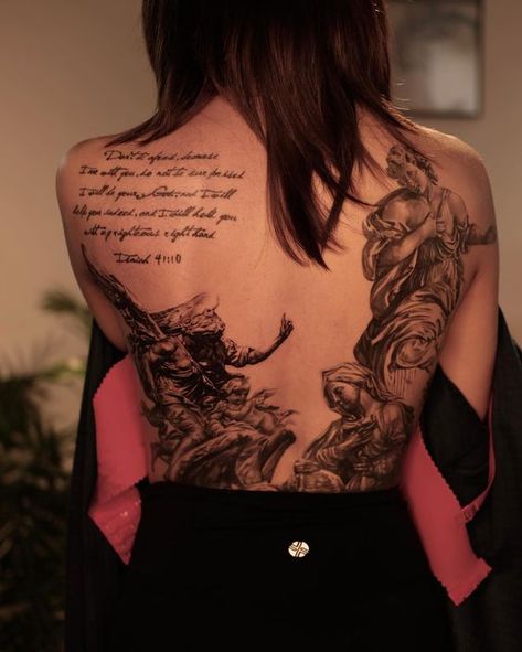 17 Stunning Biblical Tattoo Ideas for Women: Embrace Faith with Graceful Designs Elegant Tattooed Women, Full Back Sleeve Tattoo Women, Bicep Quote Tattoo Women, Fullback Tattoo Design Women, All Back Tattoo Women, Back Tattoo Scripture, Godly Back Tattoos, Female Art Tattoos Ideas, Divine Mother Tattoo