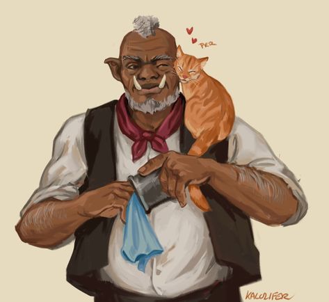 Dnd, Half-Orc, Innkeep, Barkeep, Catlover, NPC, Commission Tavern Keeper, Cowboy Character Design, Sea Monster Art, Npc Art, Dnd Crafts, Half Orc, Dnd Character Art, Npc Ideas, Dnd Npc