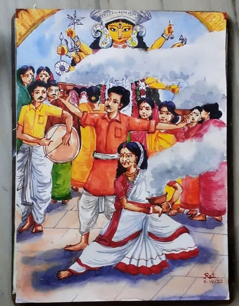 Best durga puja water color painting....#by RAI GHOSH Durga Puja Painting Composition, Durga Pooja Drawing, Durga Puja Senary Drawing, Bengali Durga Puja Drawing, Navratri Memory Drawing, Indian Festivals Painting, Festival Painting Watercolor, Durga Puja Festival Drawing, Durga Pujo Drawings