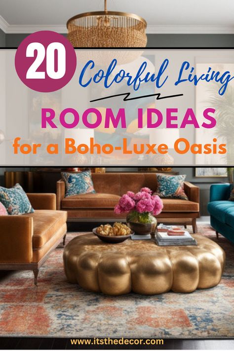 Collage of colorful living room ideas featuring velvet furniture, Moroccan rugs, bohemian accents, and metallic touches, showcasing a vibrant blend of luxury and boho chic decor. Bright Sofa Ideas, Jewel Toned Living Room Decor, Bright Colored Home Decor, Boho Living Room With Sectional, Blue And Orange Living Room Ideas, Luxe Boho Living Room, Vibrant Living Room Decor, Jewel Tone Living Room White Walls, Colorful Eclectic Home Living Room