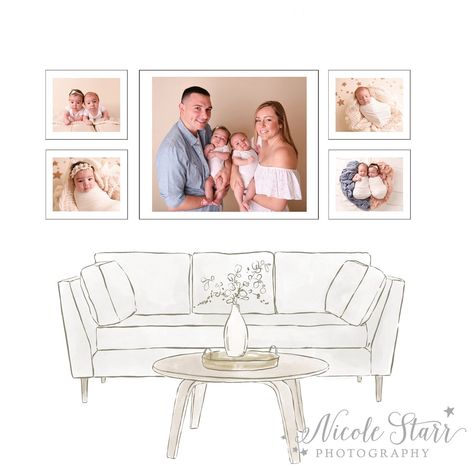 Newborn Wall Display, Newborn Photo Gallery Wall, Newborn Gallery Wall, Gallery Wall Examples, Organize Living Room, Picture Collage Ideas, Family Picture Wall, Photography Gallery Wall, Wall Portraits