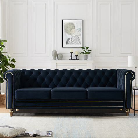 Willa Arlo Interiors Newell 88" Rolled Arm Chesterfield Sofa | Wayfair Blue Chesterfield Sofa, Chesterfield Sofa Living Room, Tufted Chesterfield Sofa, Entertaining Friends, Rolled Arm Sofa, Sofa Review, Reclining Furniture, Modern Glam, Glam Style