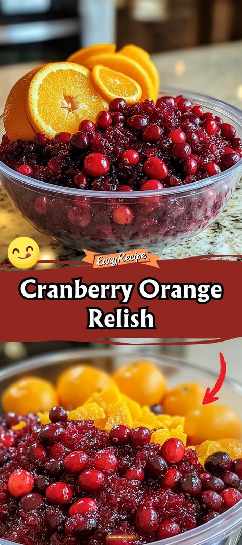 Cranberry Orange Relish is a vibrant and tangy accompaniment that brings a burst of citrusy sweetness to your meals. Made with fresh cranberries and zesty orange, this relish is a festive addition to holiday tables or a refreshing twist to everyday meals. #CranberryRelish #HolidayCooking #FestiveFlavors Ocean Spray Cranberry Relish, Fresh Cranberry Relish With Oranges, No Cook Cranberry Orange Relish, Cranberry Orange Walnut Relish, Easy Cranberry Relish, Fresh Cranberry Orange Relish, Raw Cranberry Orange Relish, Cooked Cranberry Orange Relish, Dish To Bring To Thanksgiving