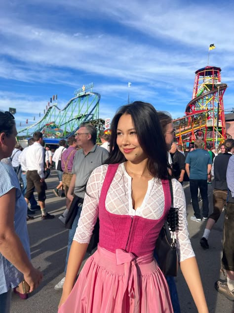 #pink #dirndl #oktoberfest #wiesn #germany #munich #sunset #outfits #aesthetic #traditional Oktoberfest Packing List, Munich Outfits, Dirndl Aesthetic, Oktoberfest Aesthetic, Dirndl Dress Oktoberfest, Germany Outfits, German Dress, Oktoberfest Outfit, Dirndl Dress