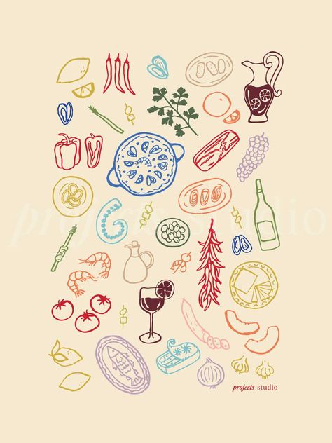 Spain Decor Spanish Style, Spanish Illustration Art, Spain Illustration Art, Cute Card Illustration, Doodle Art Illustration, Hand Drawn Food Illustration, Doodle Style Illustrations, Hand Drawn Prints, Hand Drawn Illustration Style