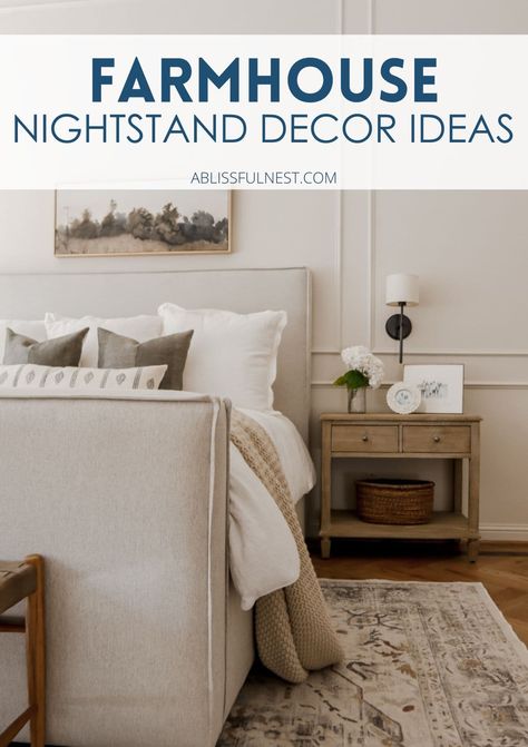 There are endless ways to decorate a farmhouse nightstand, and we’ve got all the ideas ready for you! Think wooden trays, cozy candles, and rustic lamps. A little greenery or photo frame gives it that perfect personal touch. It’s easy to make your nightstand feel both functional and stylish! #farmhousedecor #bedroomdecor #farmhousenightstand Farmhouse Nightstand Decor, Nightstand Decor Ideas, Expand Furniture, Farmhouse Nightstand, Wooden Trays, Nightstand Decor, Wicker Tray, Cozy Candles, Rustic Lamps