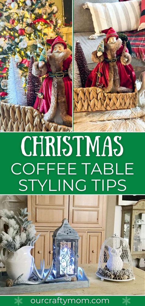 Quick and easy Christmas coffee table decor ideas that you can create on a budget. Learn these simple decorating tips for your holiday home. #ourcraftymom #coffeetabledecor #christmascoffeetabledecor #coffeetablestyling Decorating Coffee Tables For Christmas, Vintage Christmas Coffee Table Decor, Christmas Decor Ideas For Living Room Coffee Tables, Christmas Decor Coffee Table, Coffee Table Christmas Decor Ideas, Holiday Decorating Ideas Christmas, Holiday Coffee Table Decor, Coffee Table Christmas Decor, Christmas Coffee Table Decor Ideas